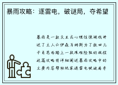 暴雨攻略：逐雷电，破谜局，夺希望