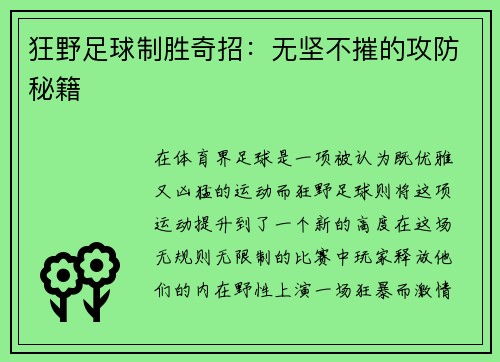 狂野足球制胜奇招：无坚不摧的攻防秘籍