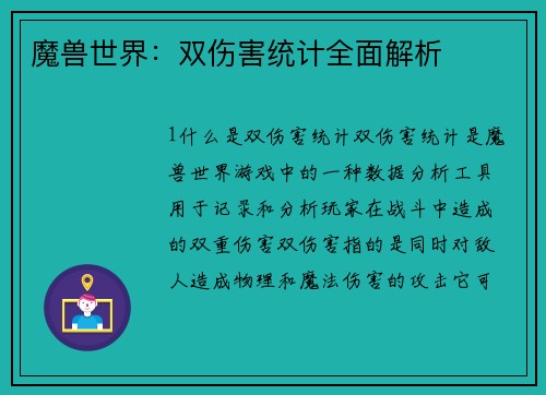 魔兽世界：双伤害统计全面解析